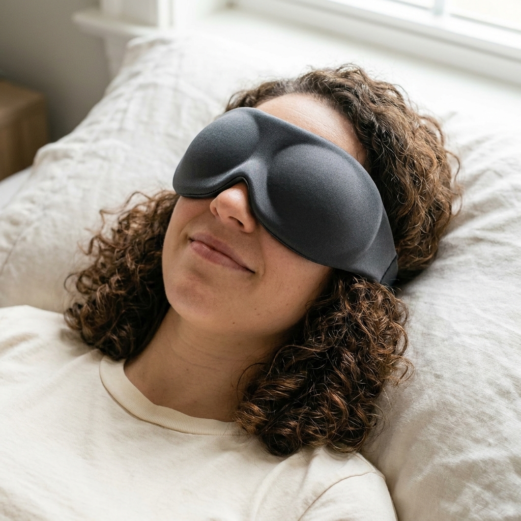 A person lying on their back wearing a contoured sleep mask that seals around the nose bridge and leaves space over the eyelids