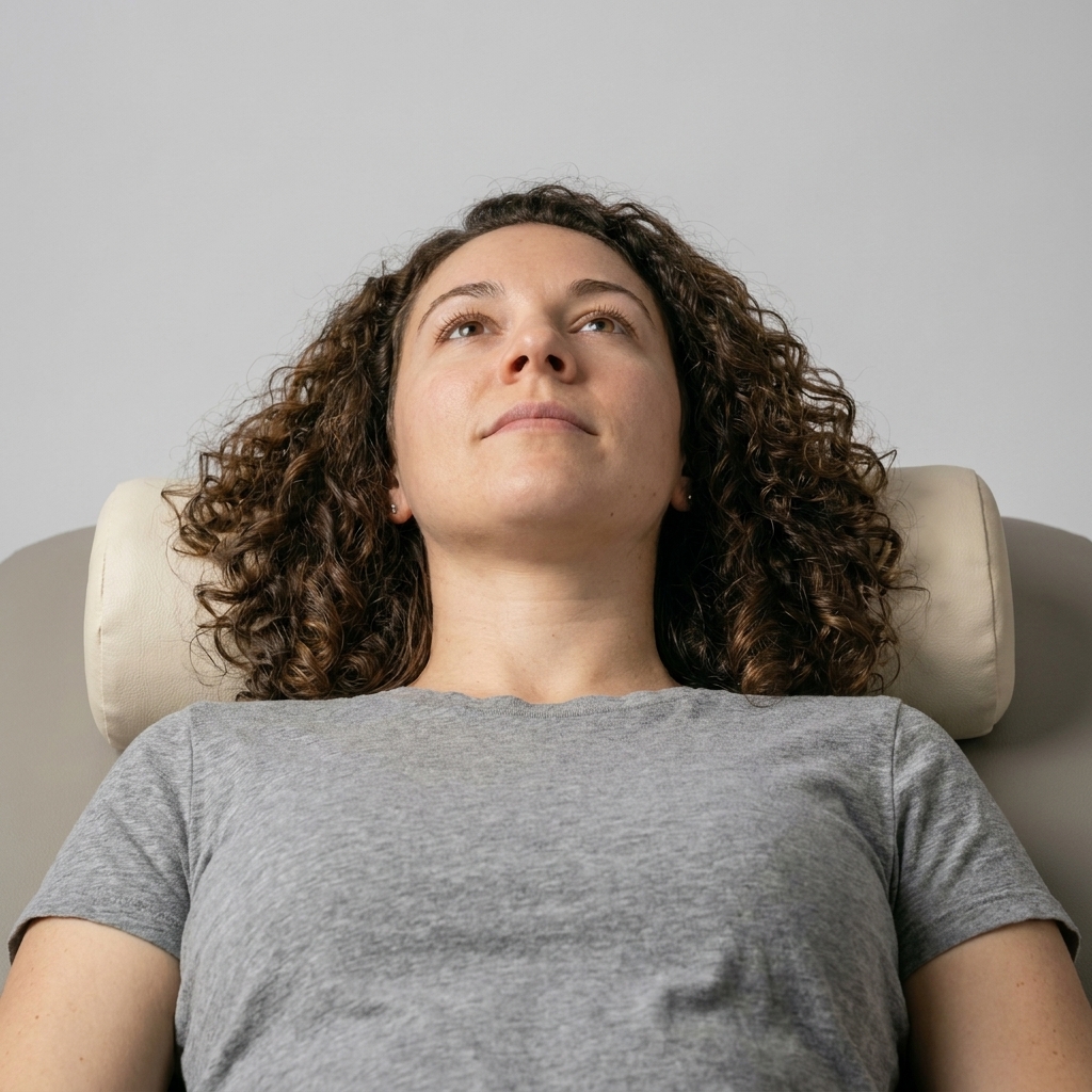 A person lying on their back with a pillow that supports the neck while the face points upward and the chin looks neutral