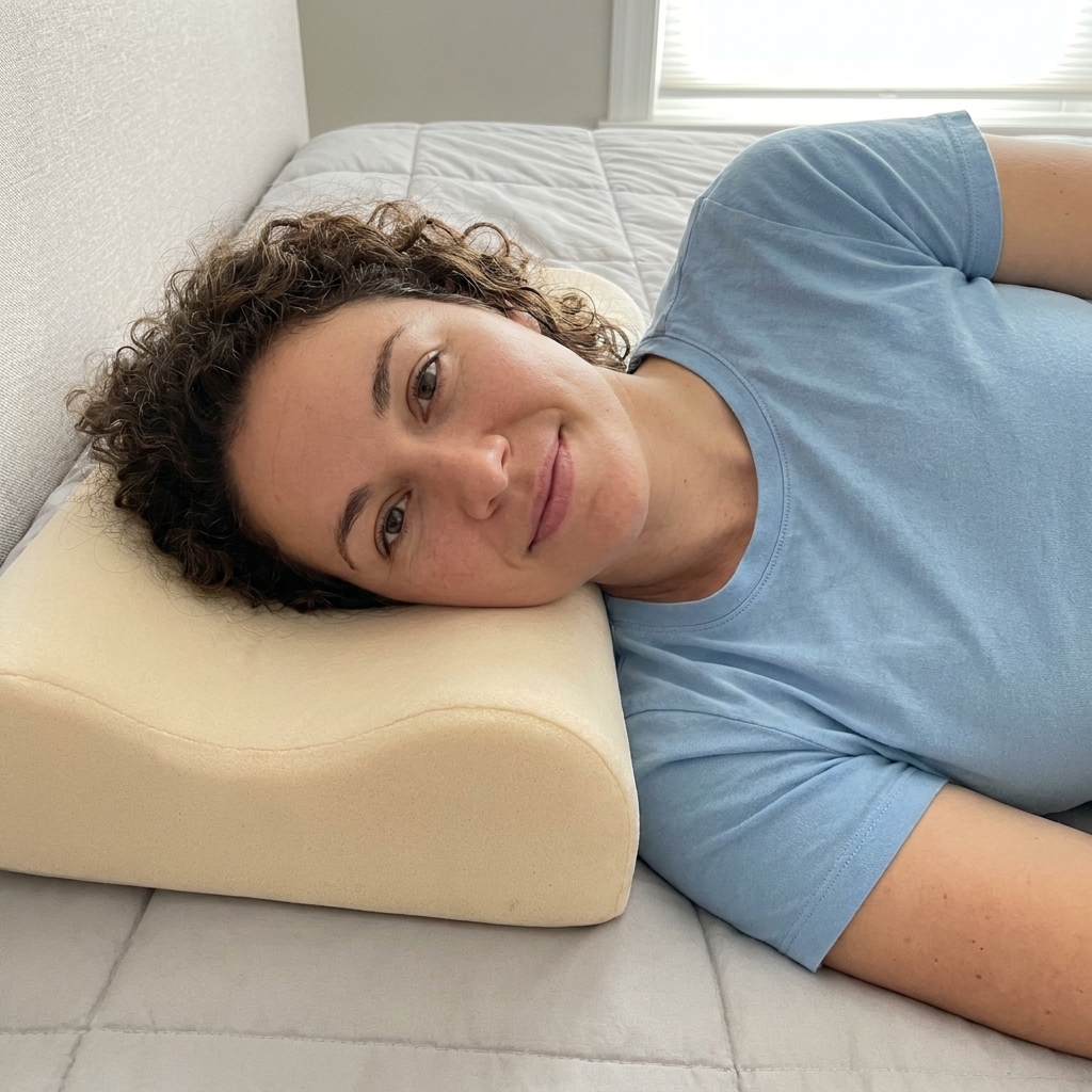 A person lying on their side using a contoured cervical pillow that supports the neck while leaving space for the shoulder