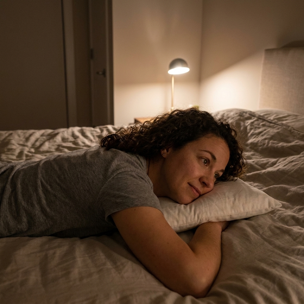 A person lying on their stomach on a bed with a very thin pillow under their head in a quiet, dim room
