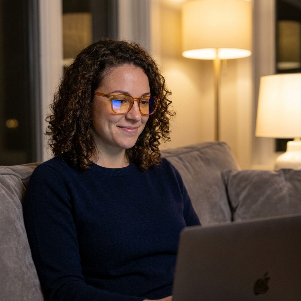 A person on a couch in the evening wearing amber-tinted blue light blocking glasses while looking at a laptop, living room lit with warm lamps