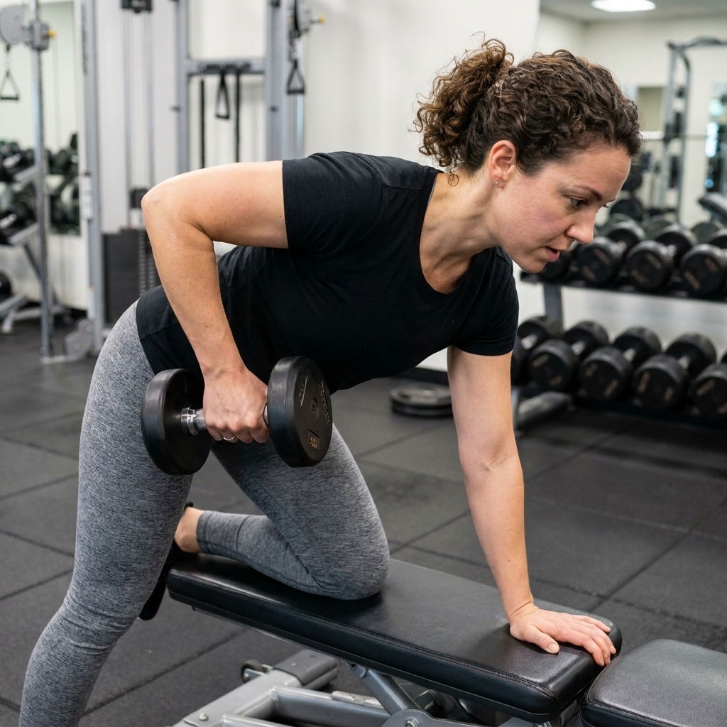 A person performing a controlled dumbbell row in a gym.
