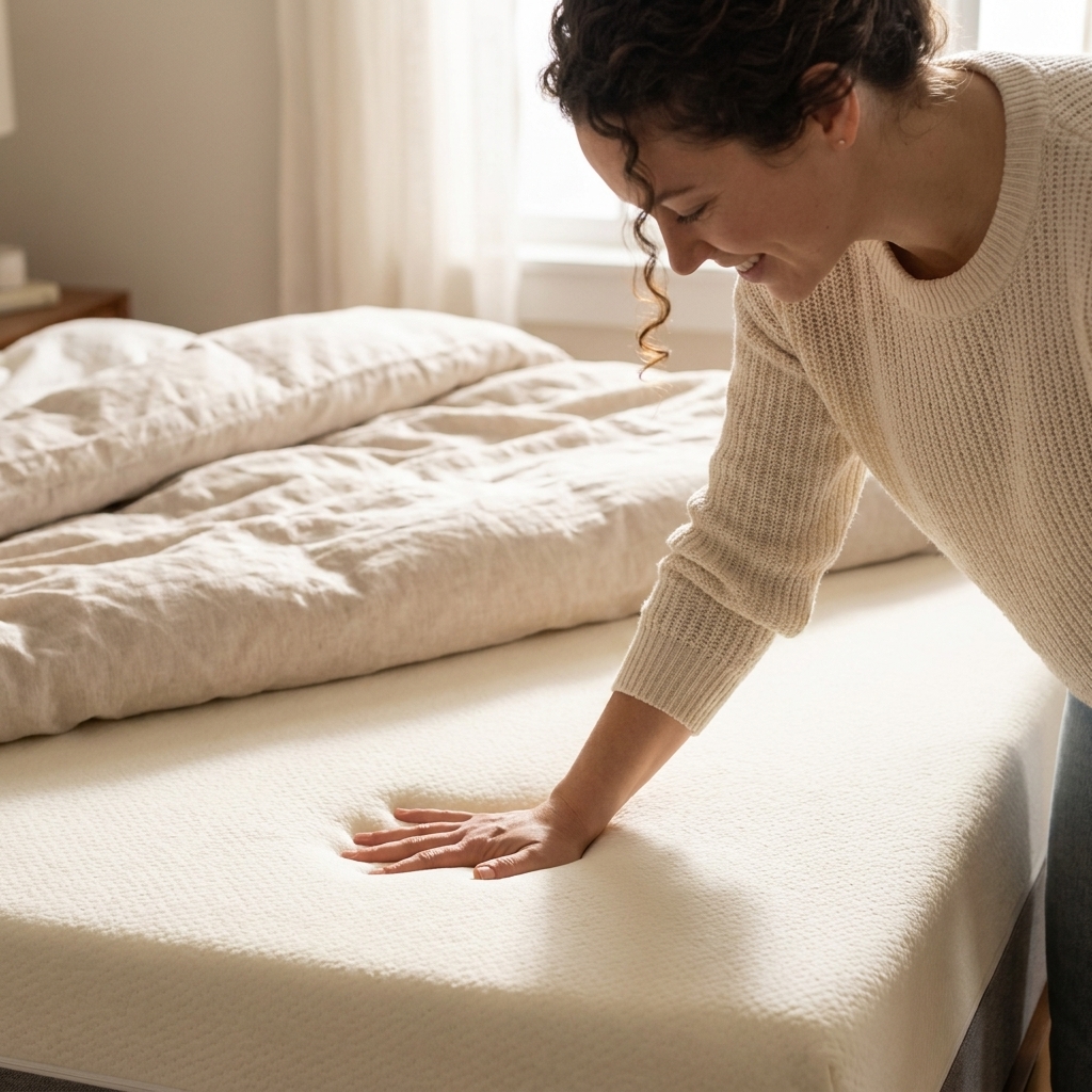 A person pressing a hand into a memory foam mattress, showing slow contouring in a softly lit bedroom