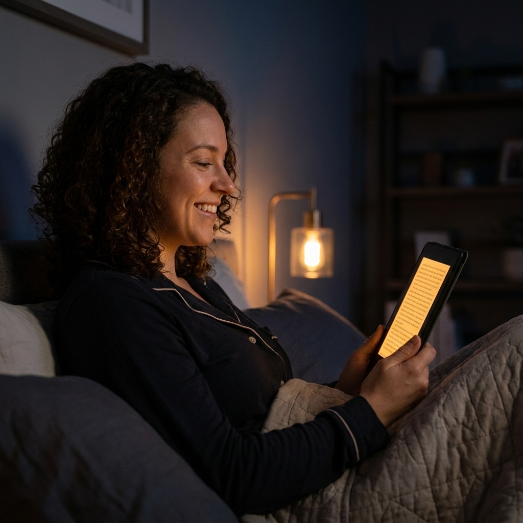 A person reading an e-reader in bed at night with the screen set to a warm tone and low brightness, soft bedside lighting
