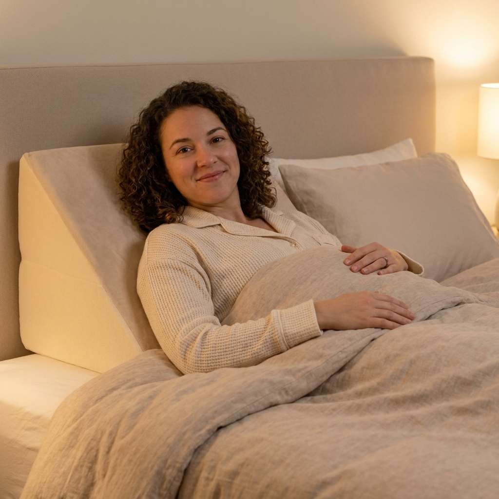 A person resting on a wedge pillow in bed with the upper body gently elevated and bedding pulled up to the chest