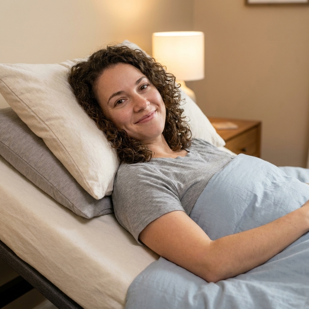 A person resting on an adjustable bed with the head section gently elevated, maintaining a neutral neck position with supportive pillows