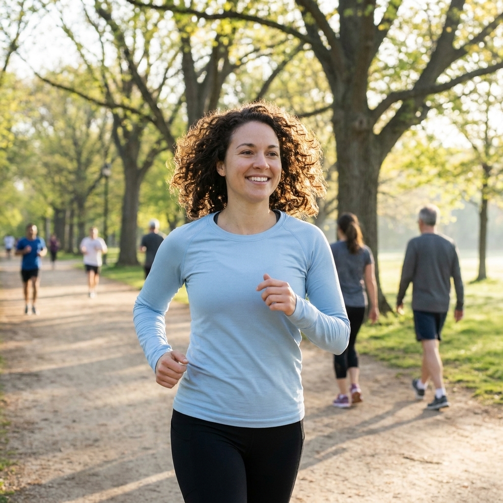 A person running on a park path in the morning with trees and soft daylight.