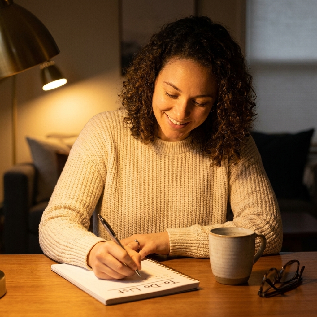 A person sitting at a table in warm lamplight writing a short to-do list in a notebook.