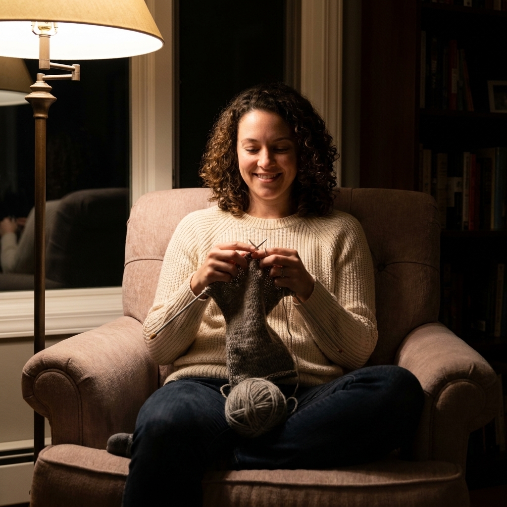 A person sitting in a soft armchair at night, knitting with a ball of yarn in their lap under a warm reading light