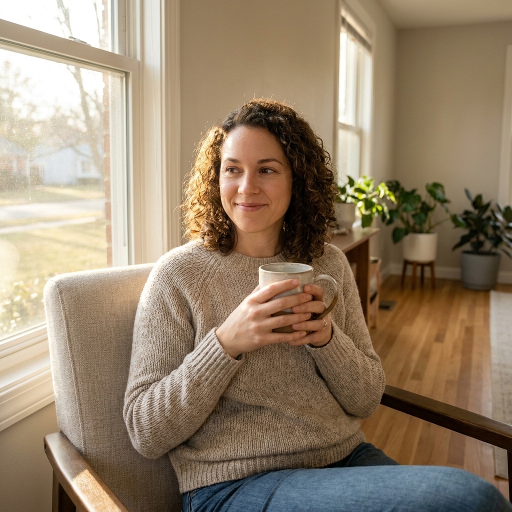 A person sitting near a bright window in the morning holding a mug, sunlight illuminating the room while the rest of the home remains calm and uncluttered