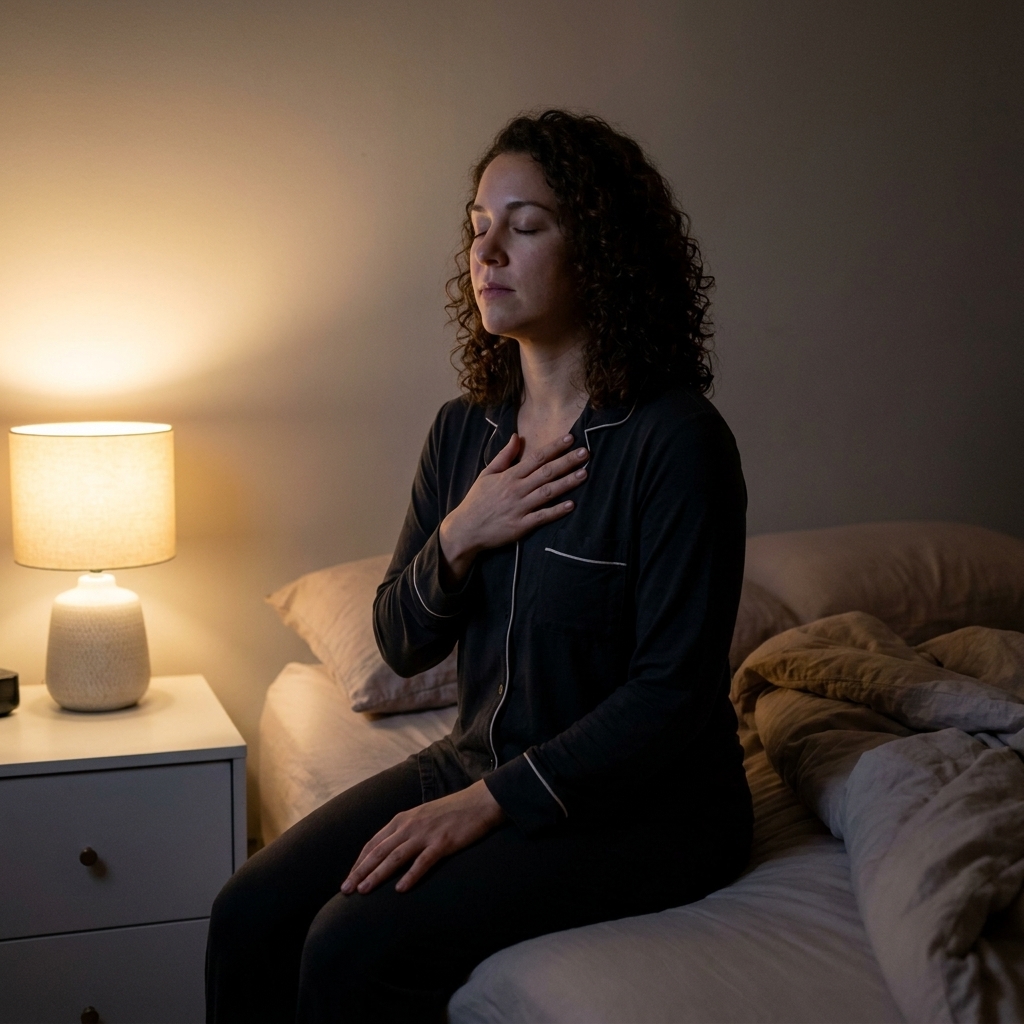 A person sitting on the edge of a bed at night with soft bedside light, eyes closed and one hand on their chest, practicing calming breathing during a nighttime awakening