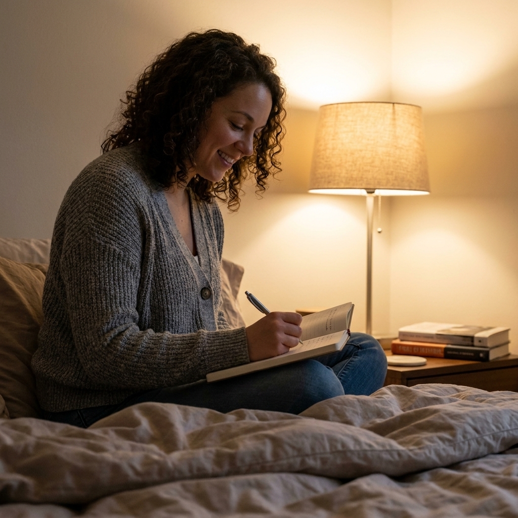 A person sitting on the edge of a bed writing in a notebook under a softly lit bedside lamp