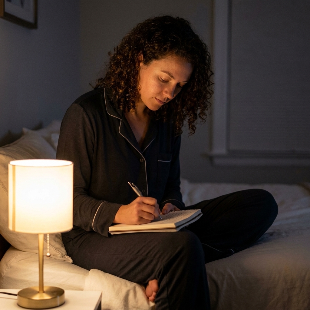 A person sitting on the edge of a bed writing in a notebook with a pen under a dim bedside lamp in a calm nighttime bedroom