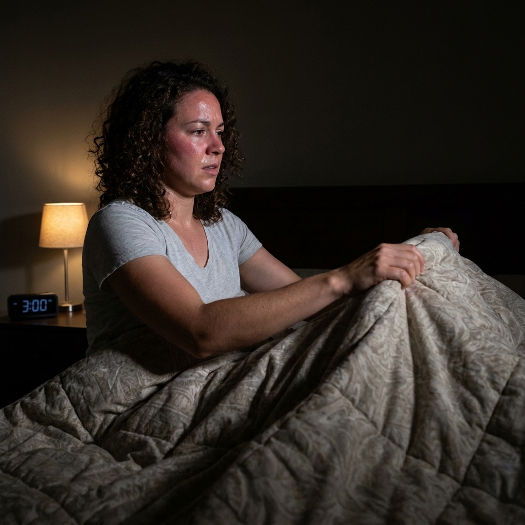 A person sitting up in bed at night, looking overheated and pushing back a comforter in a dim bedroom.