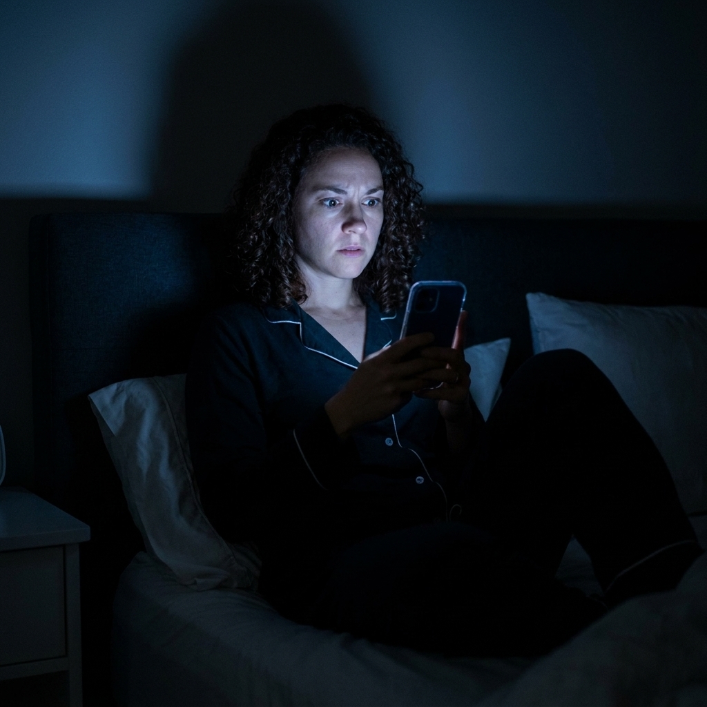 A person sitting up in bed in a dark bedroom lit by a phone screen, looking alert and tense.