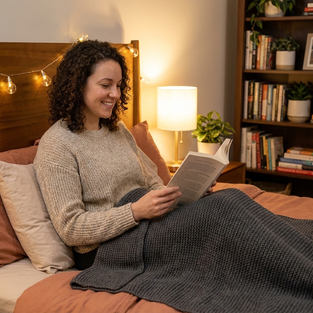A person sitting up in bed reading a paper book while a weighted blanket covers their legs in a cozy bedroom with warm light