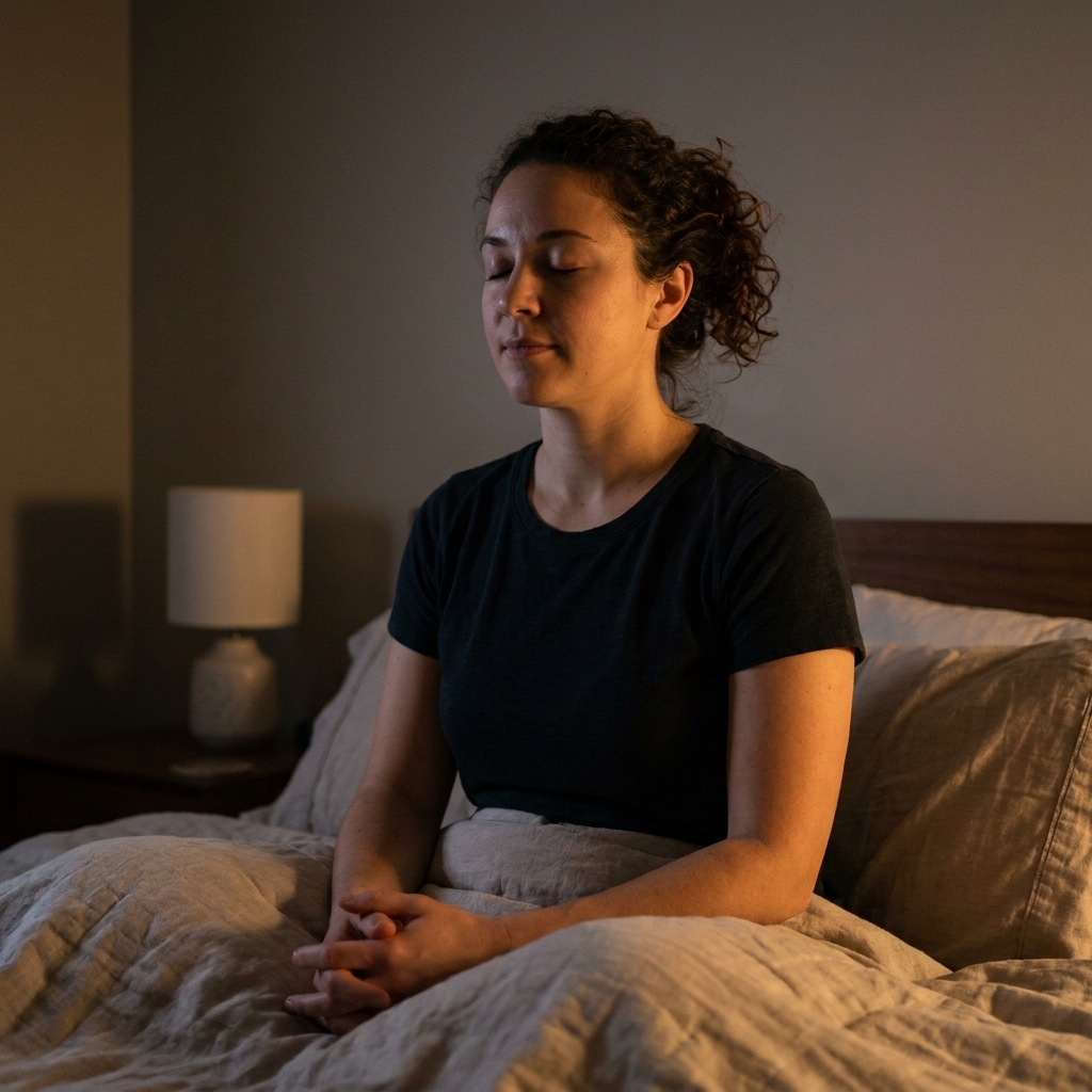 A person sitting upright on a bed in dim light with hands resting on their lap, eyes closed, practicing quiet mindfulness before sleep
