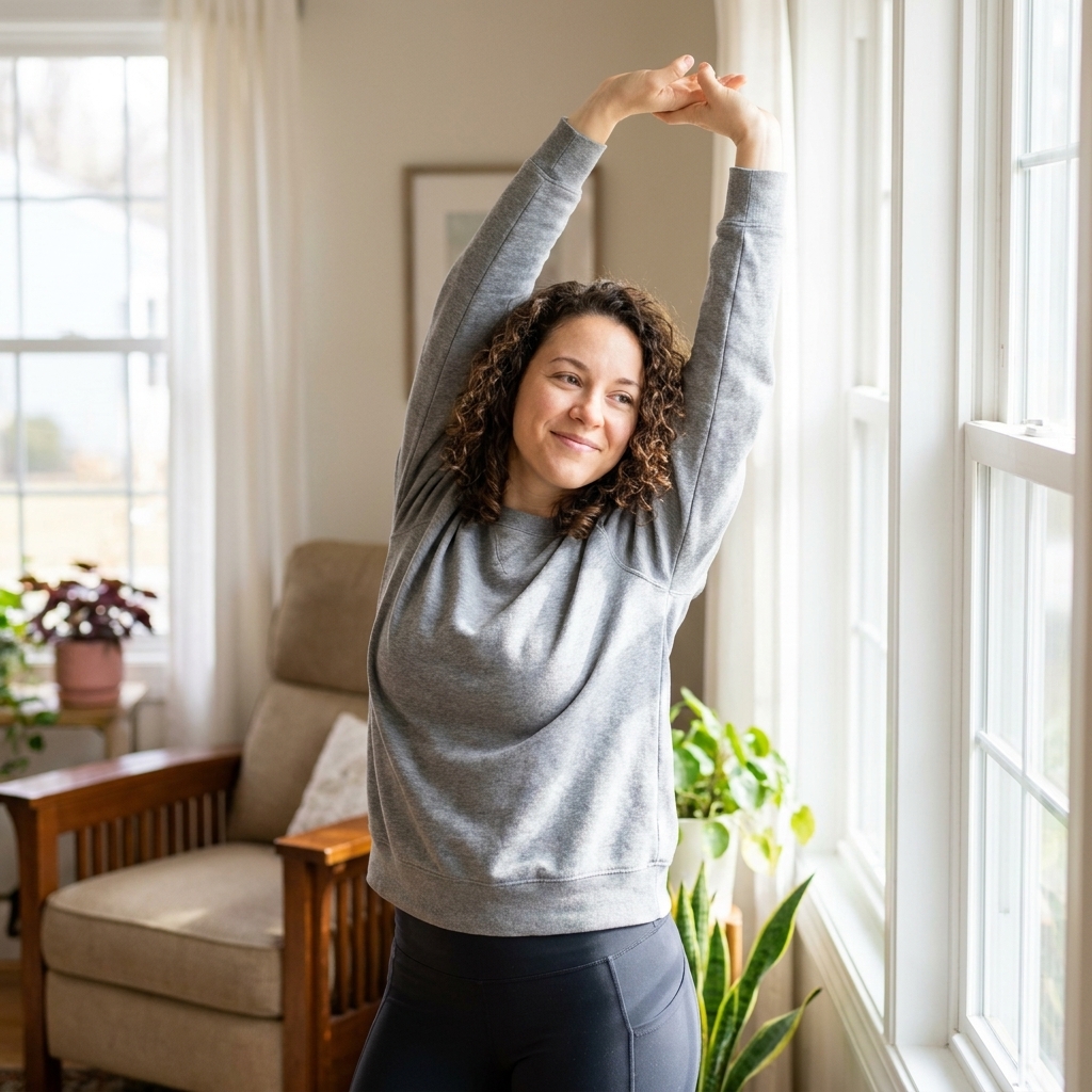 A person standing by a bright window stretching after a short nap, daylight illuminating the room.