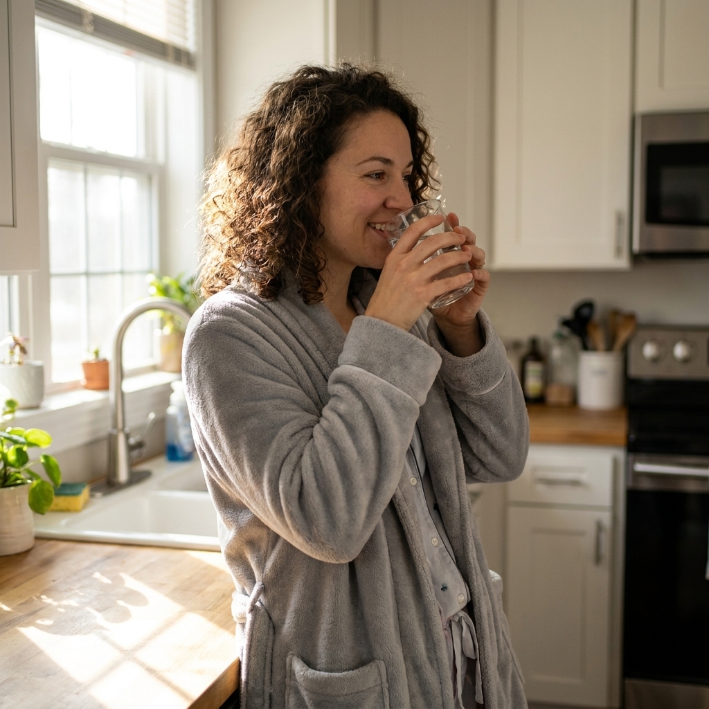 A person standing in a kitchen drinking a glass of water soon after waking, using hydration as part of a morning routine