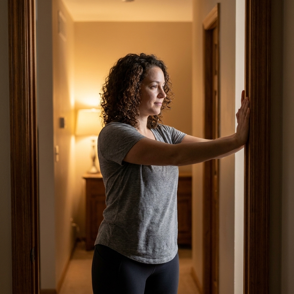 A person standing in a softly lit hallway doorway doing a gentle chest opening stretch with forearms on the doorframe, relaxed shoulders
