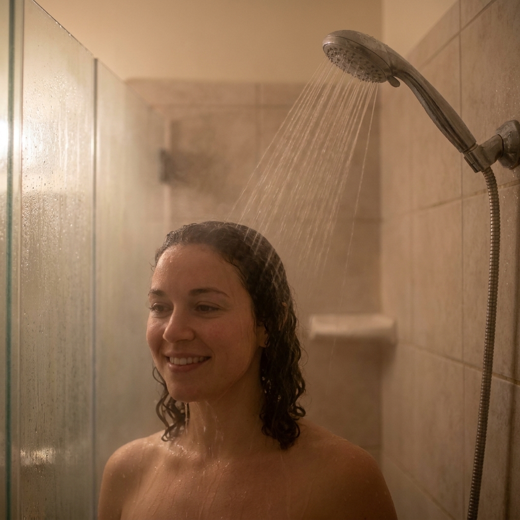 A person standing under a warm shower in a calm, softly lit bathroom, steam rising gently
