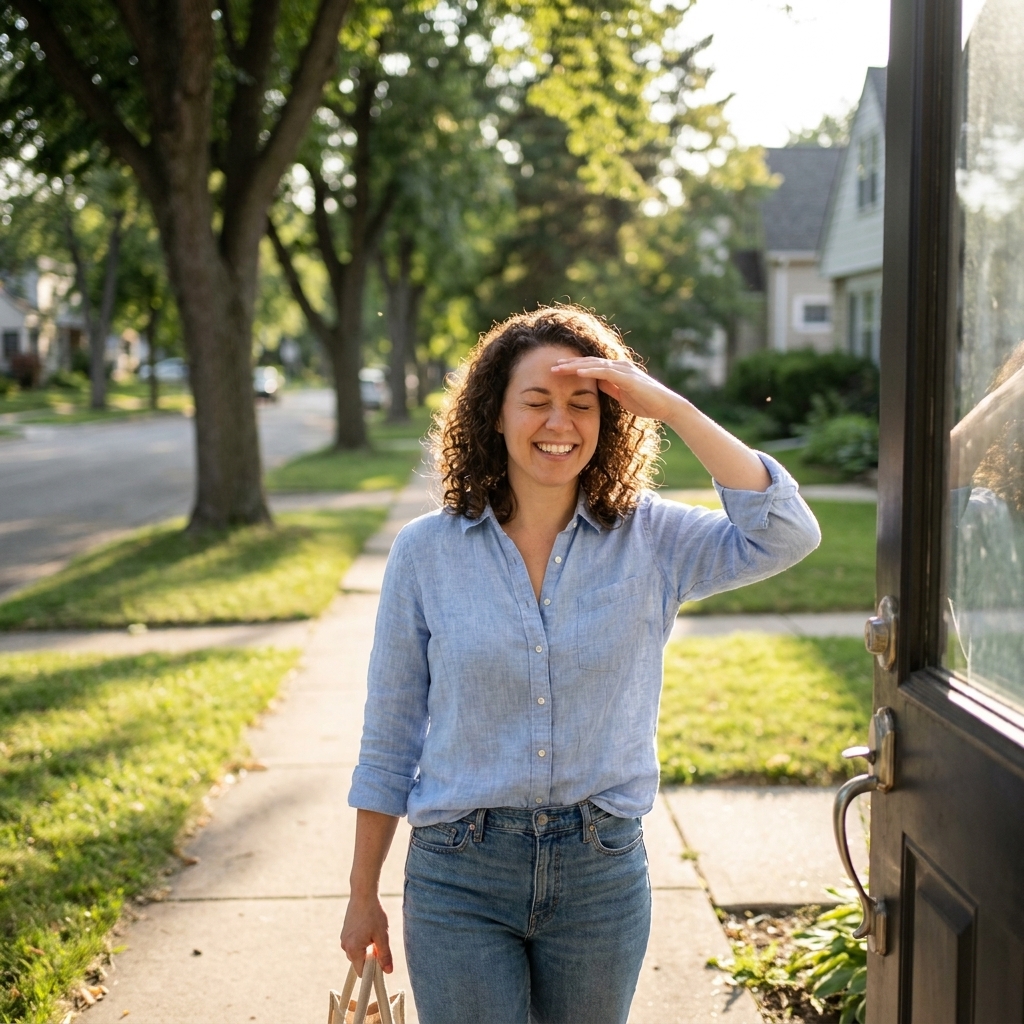 A person stepping outside into bright afternoon light after resting, walking on a quiet residential sidewalk with trees