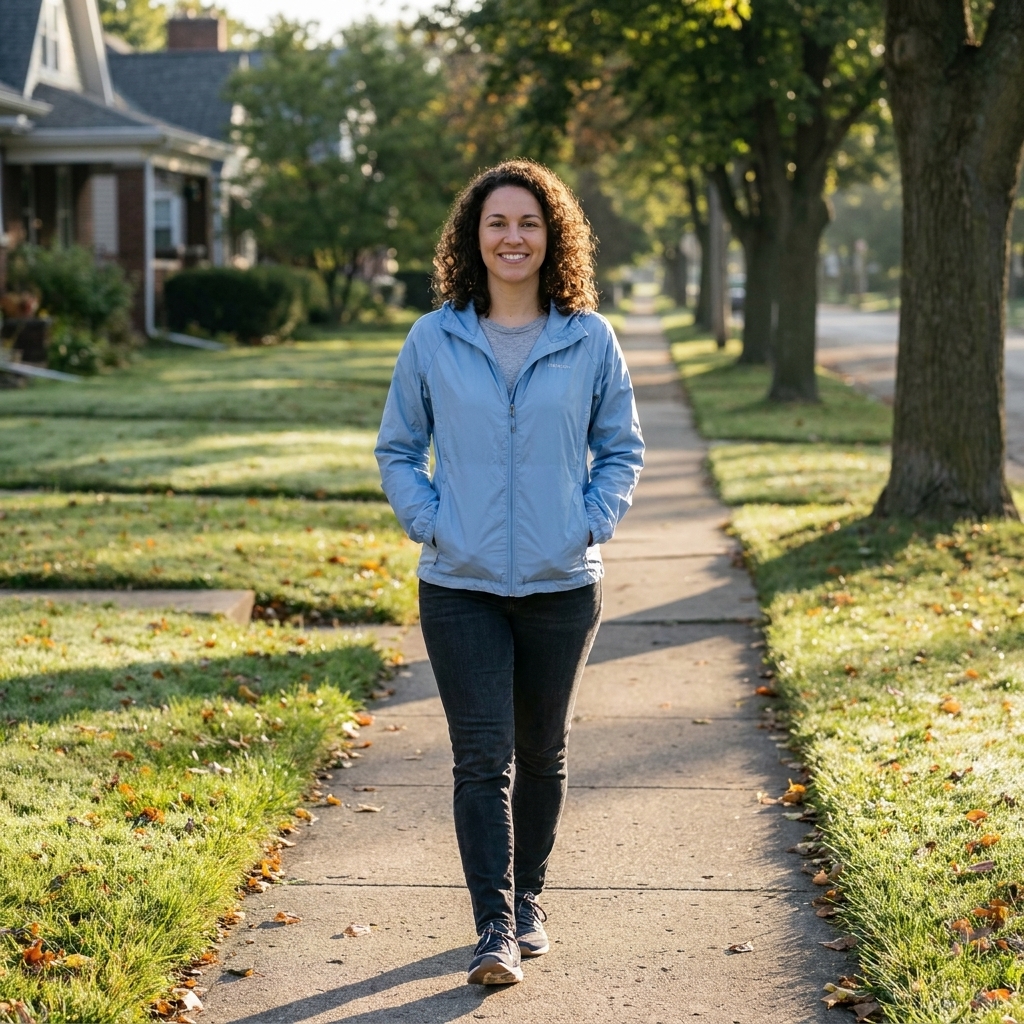 A person taking a quiet morning walk on a neighborhood sidewalk, wearing a light jacket.