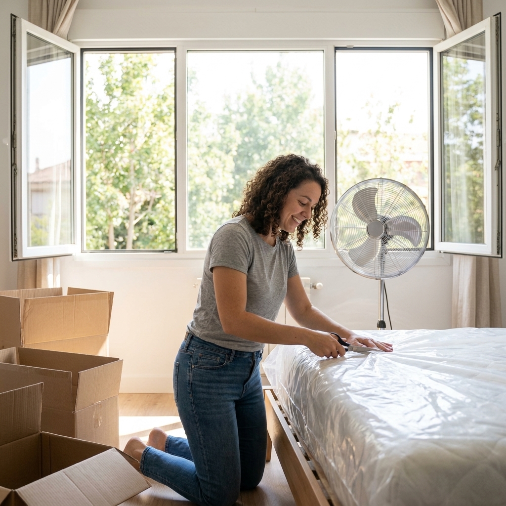 A person unboxing a rolled mattress in a bright bedroom with open windows and a fan running for ventilation