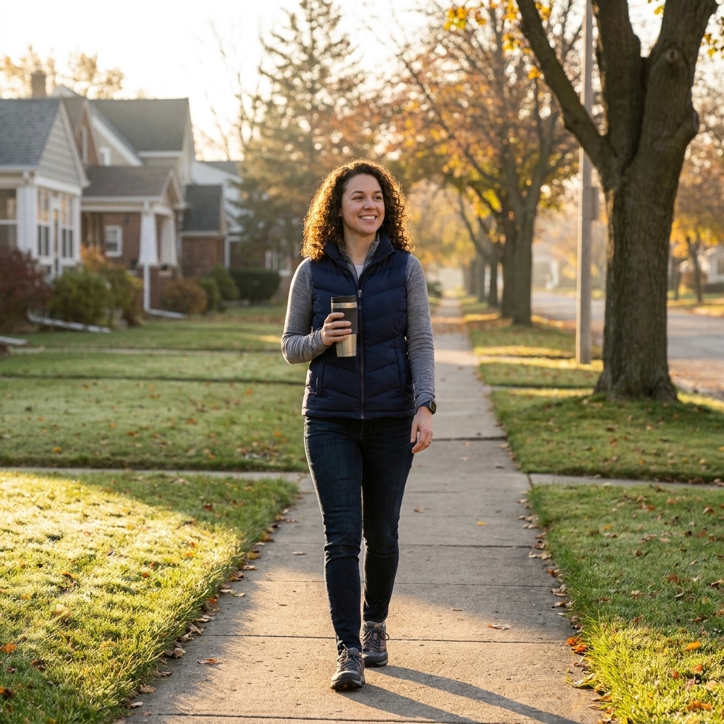A person walking outside in early morning sunlight on a quiet neighborhood street