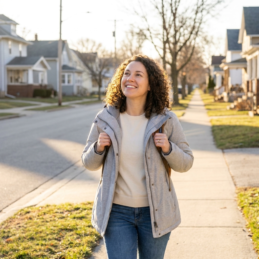 A person walking outside on a quiet residential street shortly after waking, using natural daylight to feel more alert