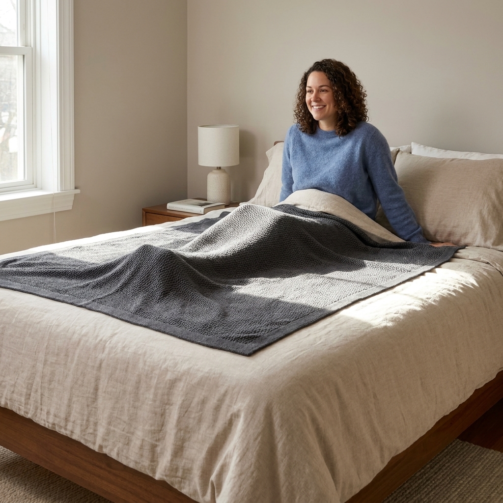 A queen bed with a weighted blanket sized to cover only the sleeping area, leaving the mattress edges visible