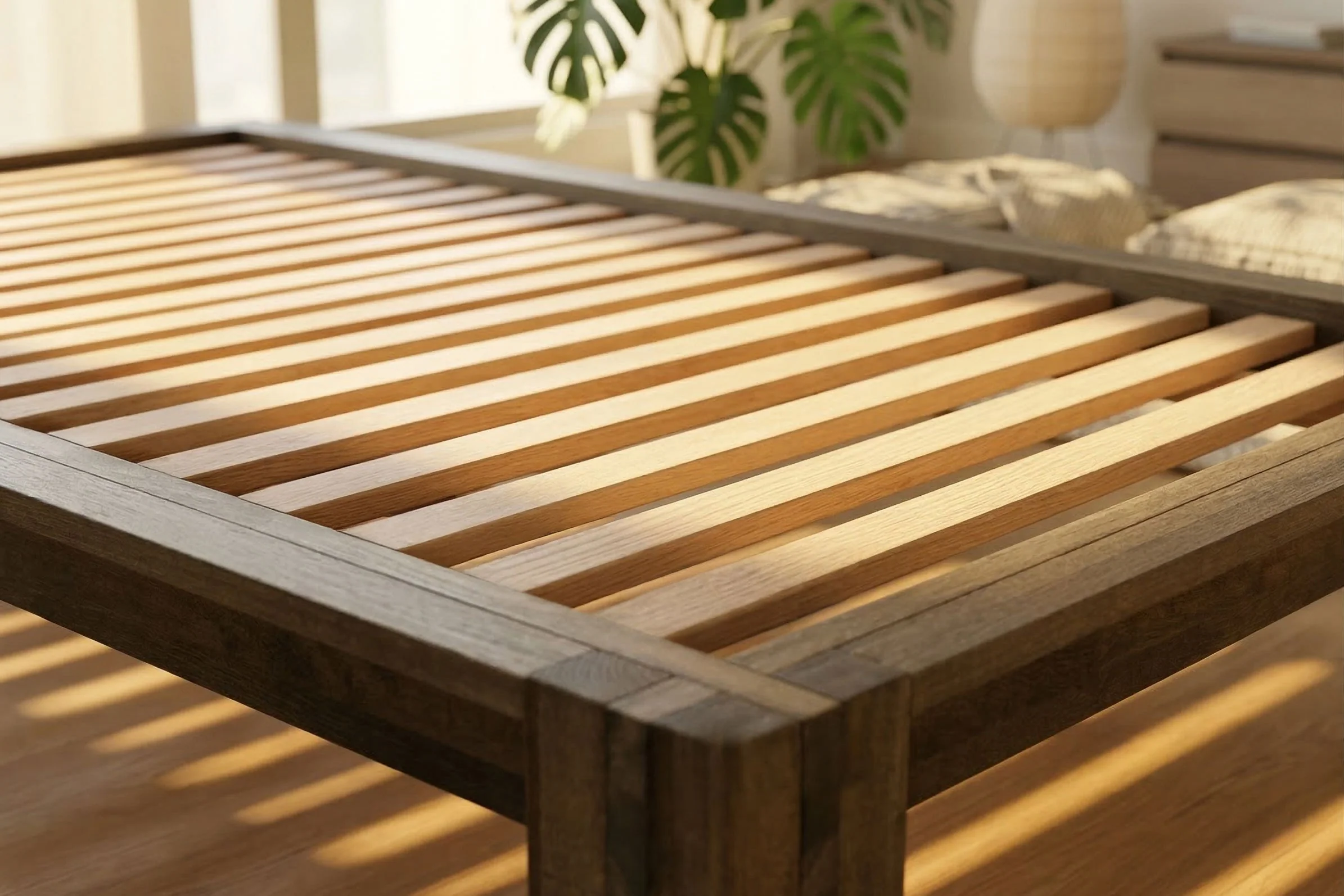 A real wooden slat bed base with a tape measure stretched across the gaps between slats in a softly lit bedroom
