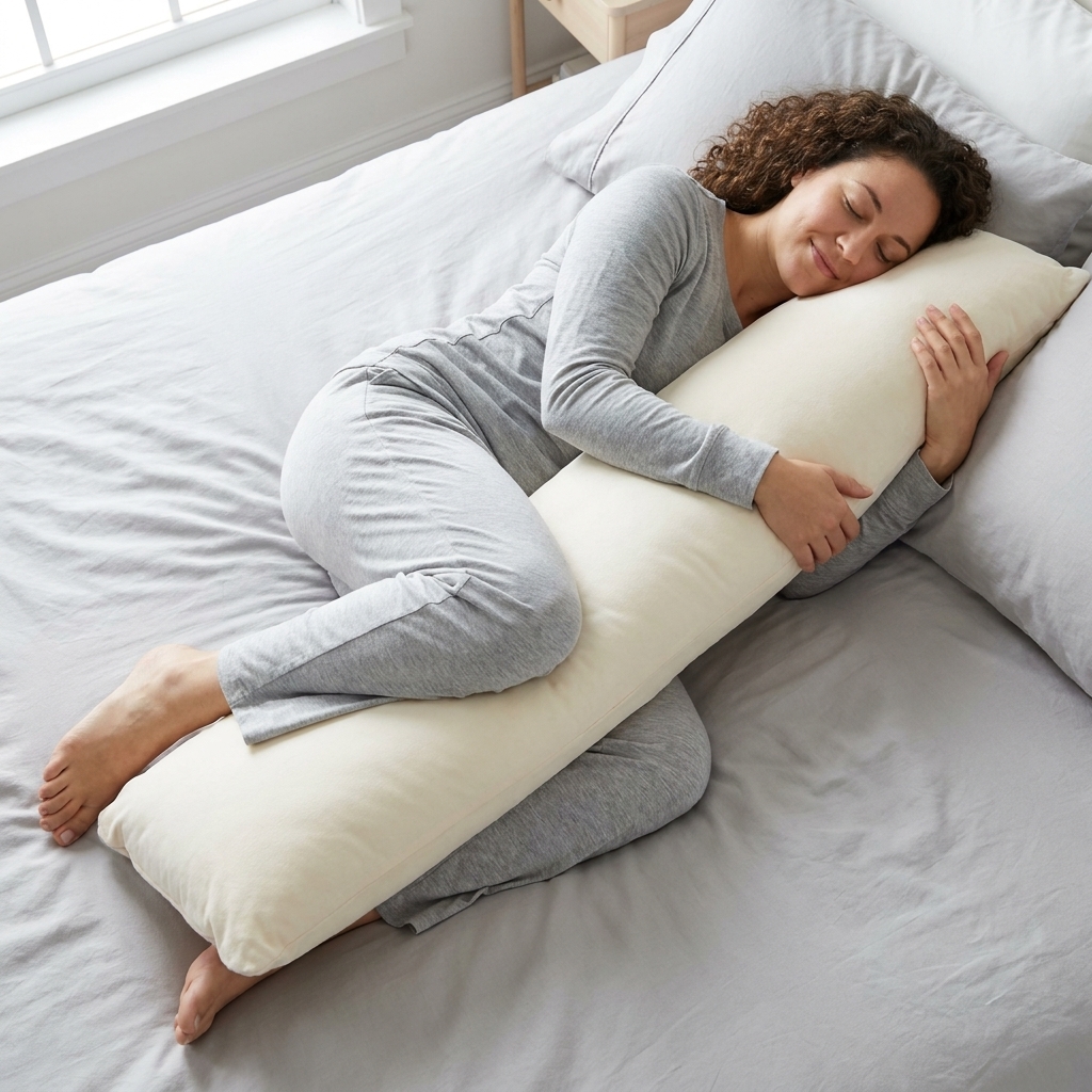A side sleeper hugging a long body pillow with the top leg comfortably draped over it for hip alignment