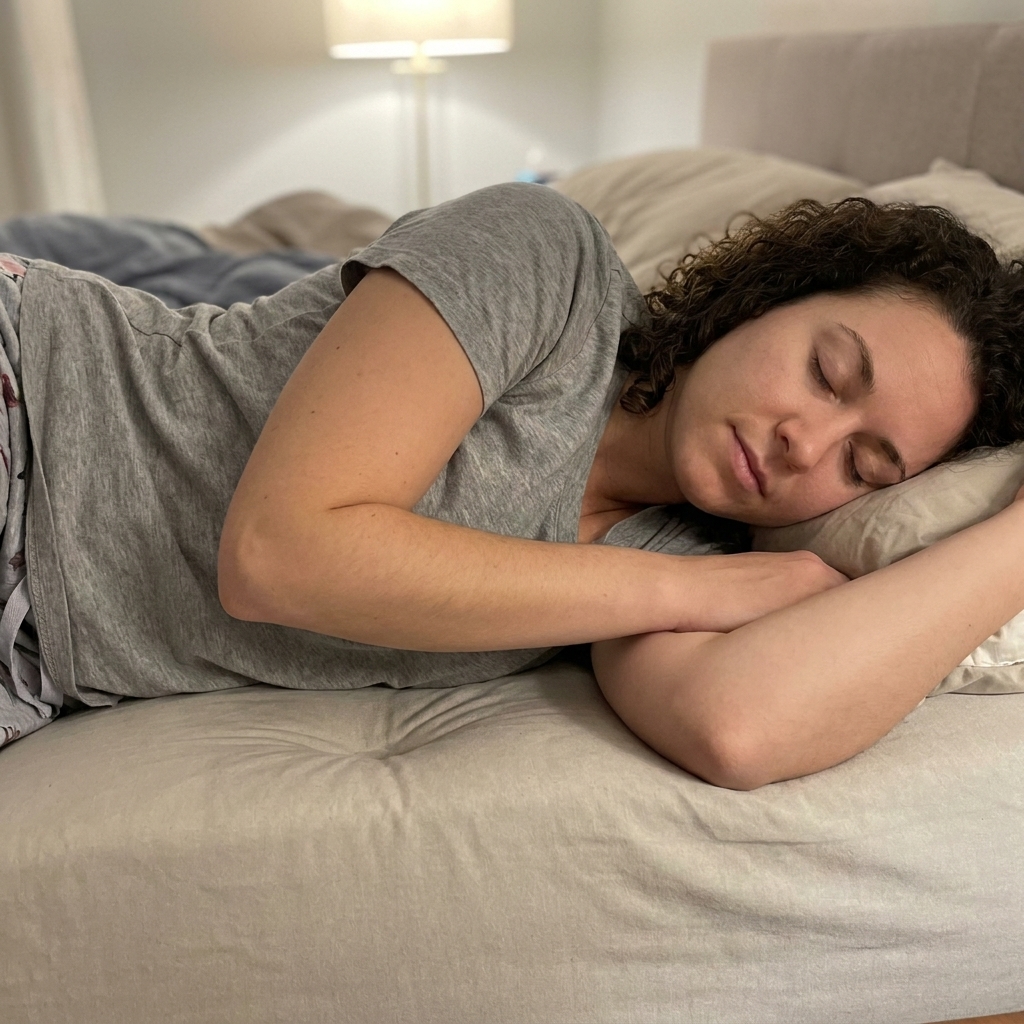 A side sleeper lying on a mattress with visible pressure at the shoulder area, their top arm bent in front of the body.