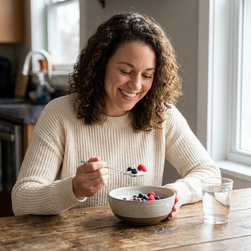 A simple breakfast with yogurt and berries on a wooden table next to a glass of water.
