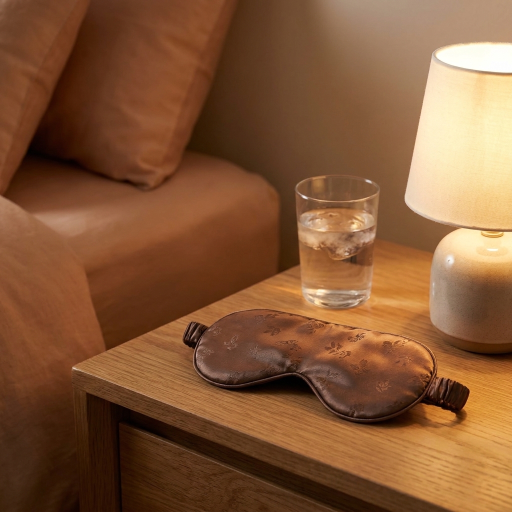 A sleep mask resting on a wooden nightstand beside a glass of water and a small bedside lamp, with the bedroom softly out of focus in the background
