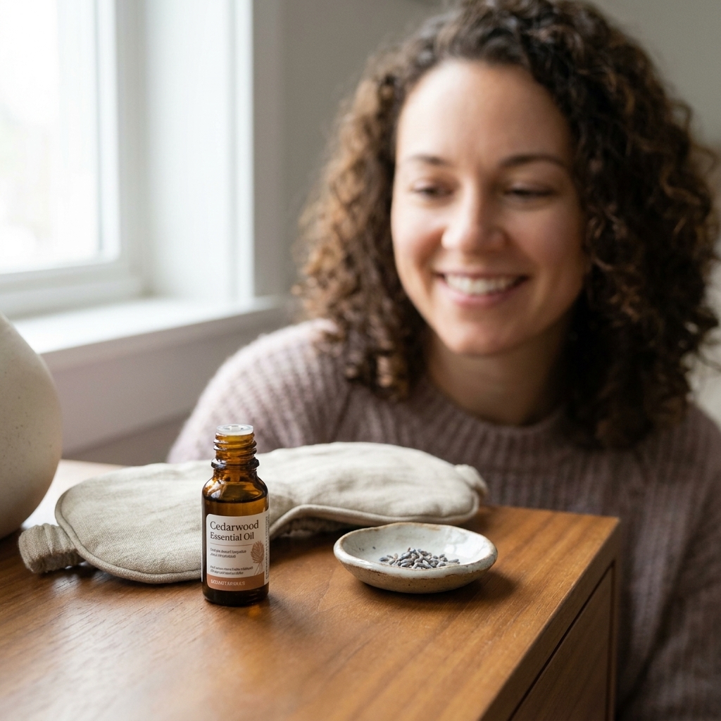 A small amber bottle of cedarwood essential oil on a bedside table next to a folded linen eye mask and a ceramic dish