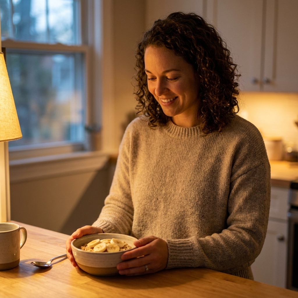 A small bowl of oatmeal with sliced banana on a kitchen counter under warm evening lighting.