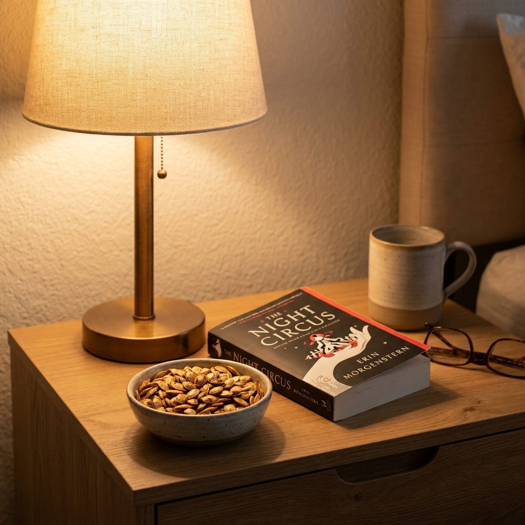 A small bowl of roasted pumpkin seeds on a nightstand next to a book and a lamp