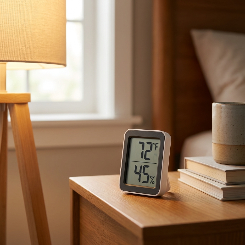 A small digital hygrometer and thermometer sitting on a bedside table showing room temperature and humidity