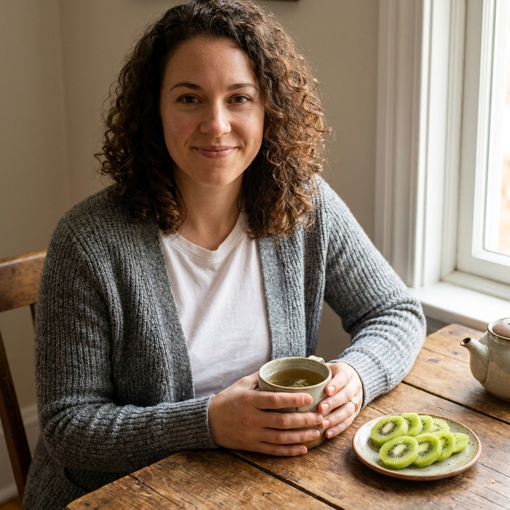 A small plate with sliced kiwi fruit beside a cup of herbal tea on a wooden table