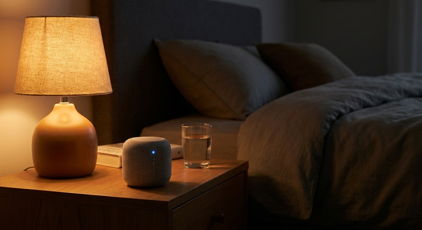 A small speaker on a nightstand in a dark bedroom with a warm lamp glow, suggesting calming audio playing before sleep