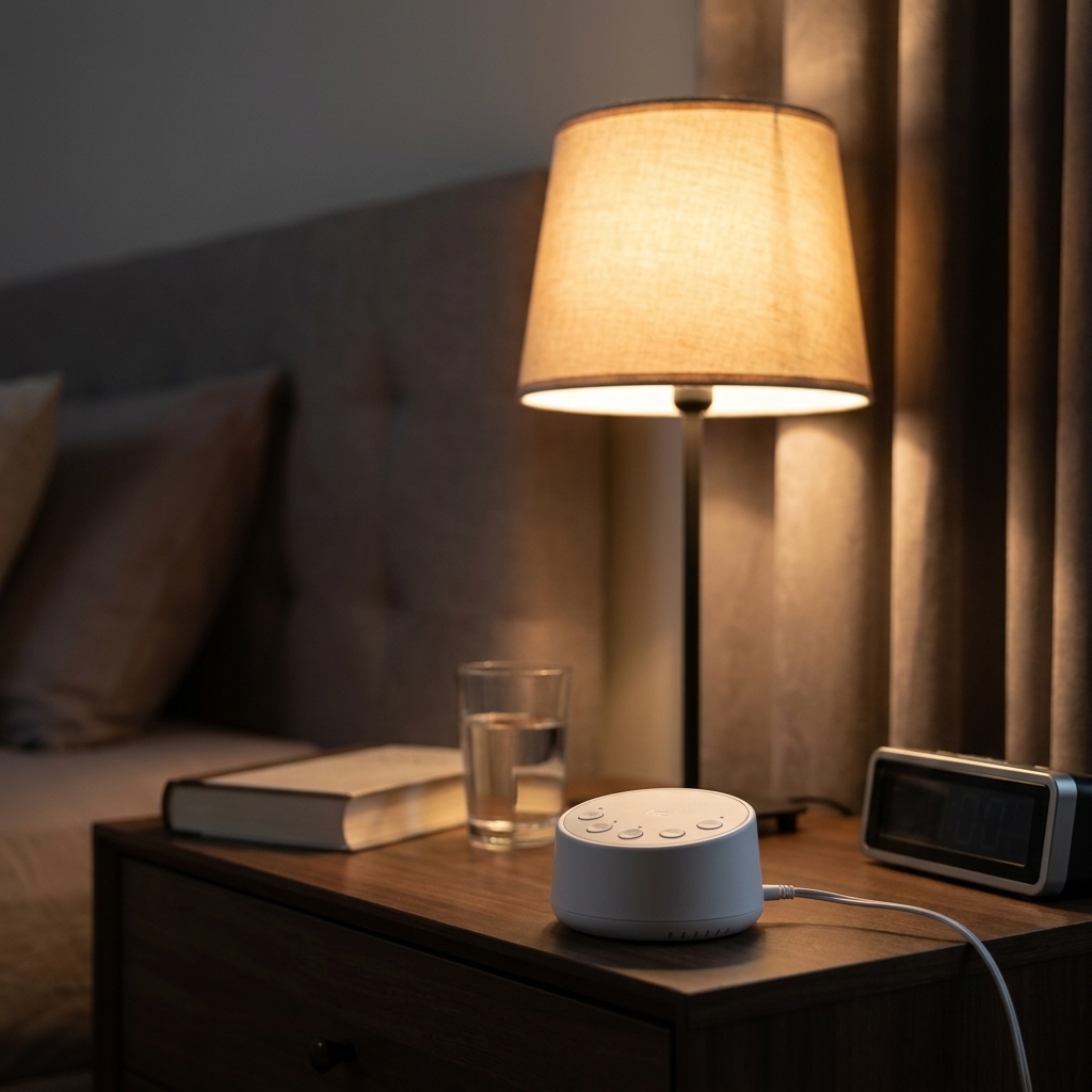 A small white noise machine on a bedside table next to a lamp in a dim bedroom