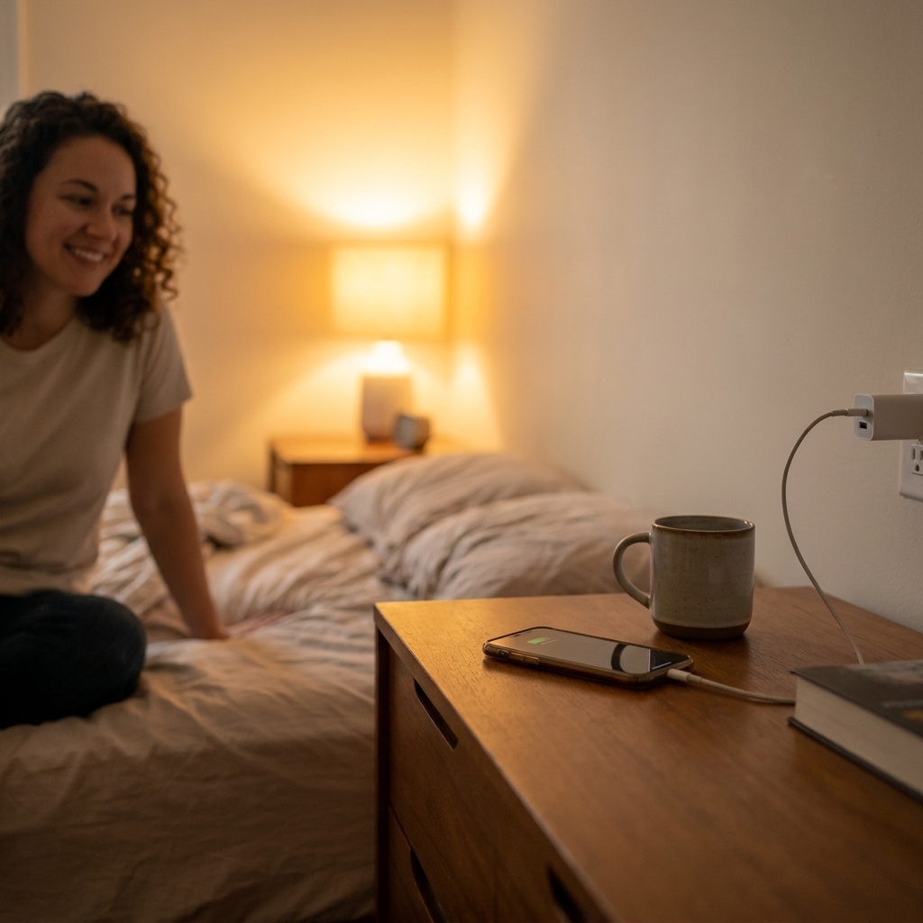 A smartphone charging on a dresser while a bed and warm bedside lamp are visible in the room.