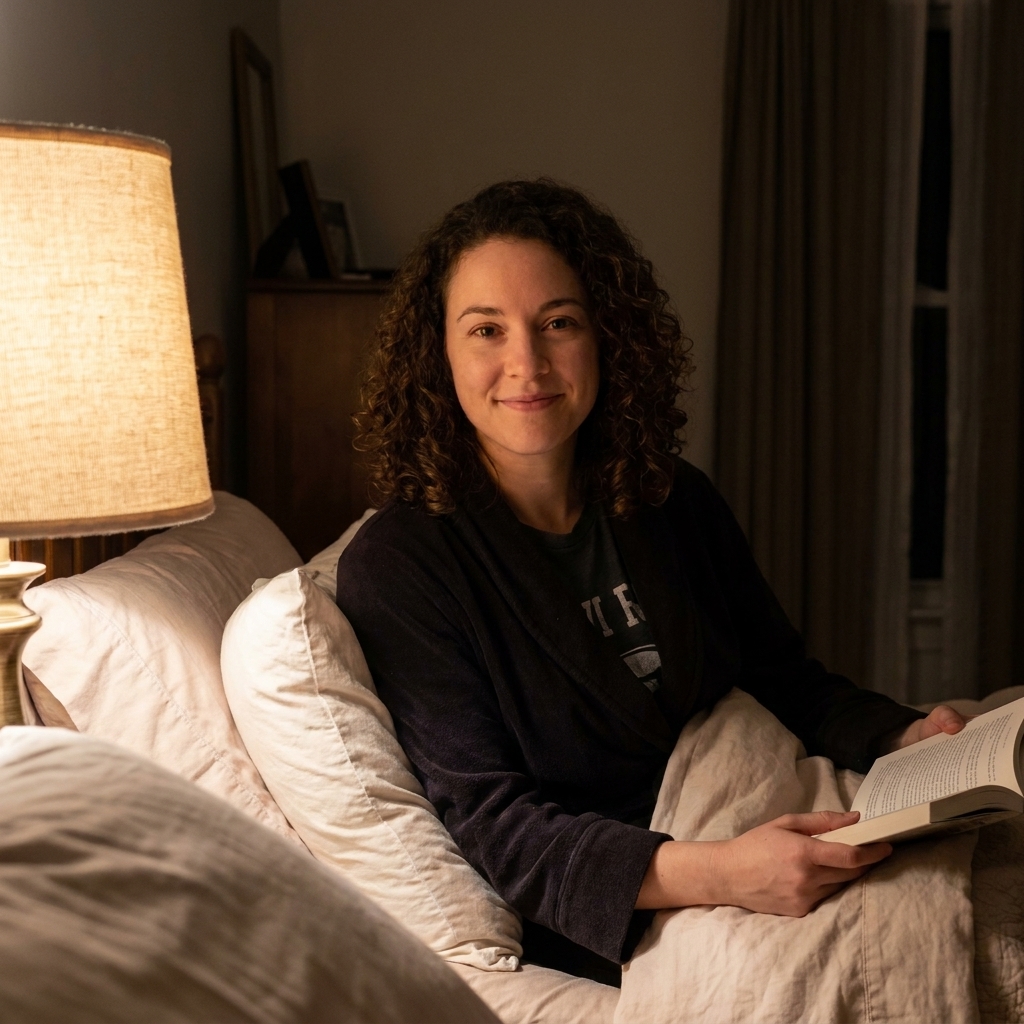 A softly lit bedroom with a warm bedside lamp turned on and the rest of the room dim, creating a calm pre-sleep atmosphere