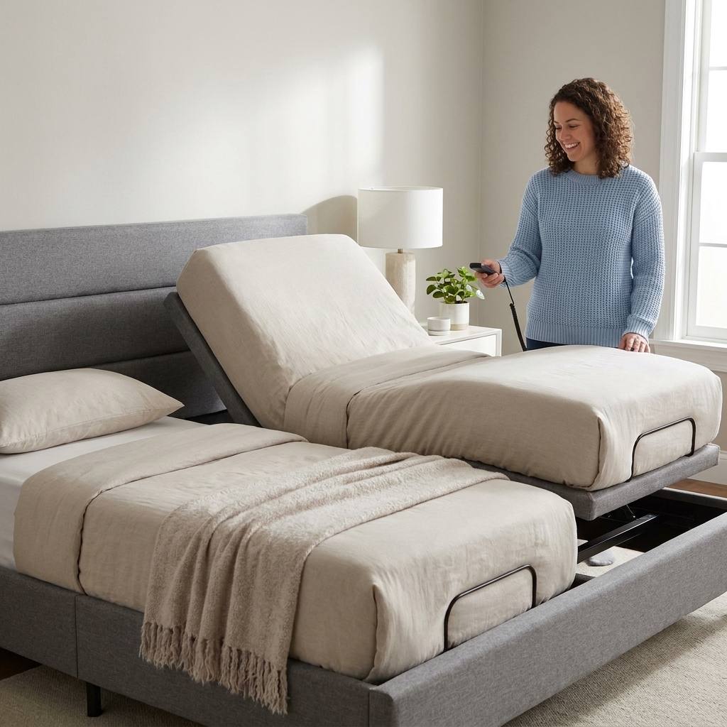 A split king adjustable bed setup in a calm bedroom, with each side set to a different elevation to show independent positioning
