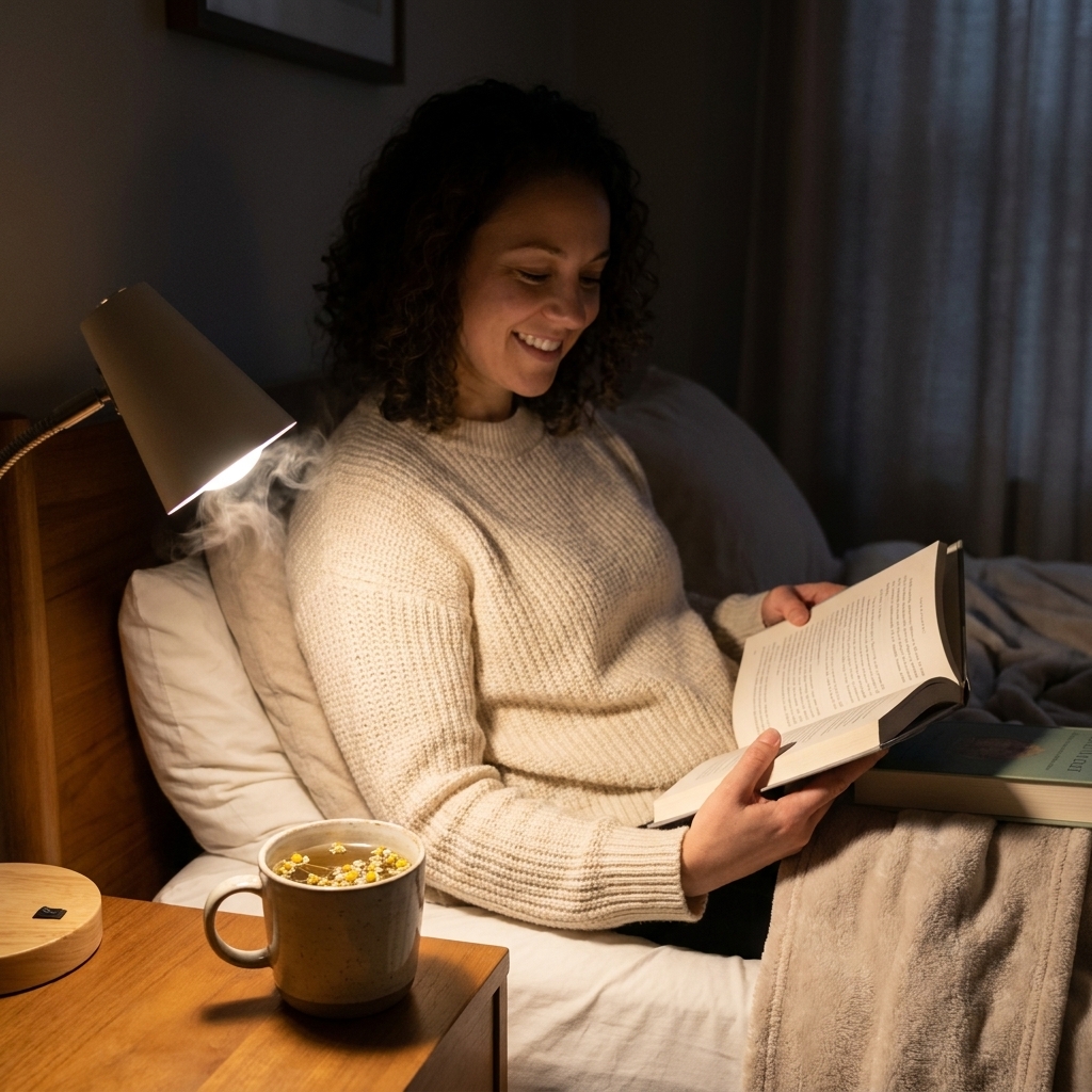 A steaming mug of chamomile tea on a bedside table with a dim reading lamp