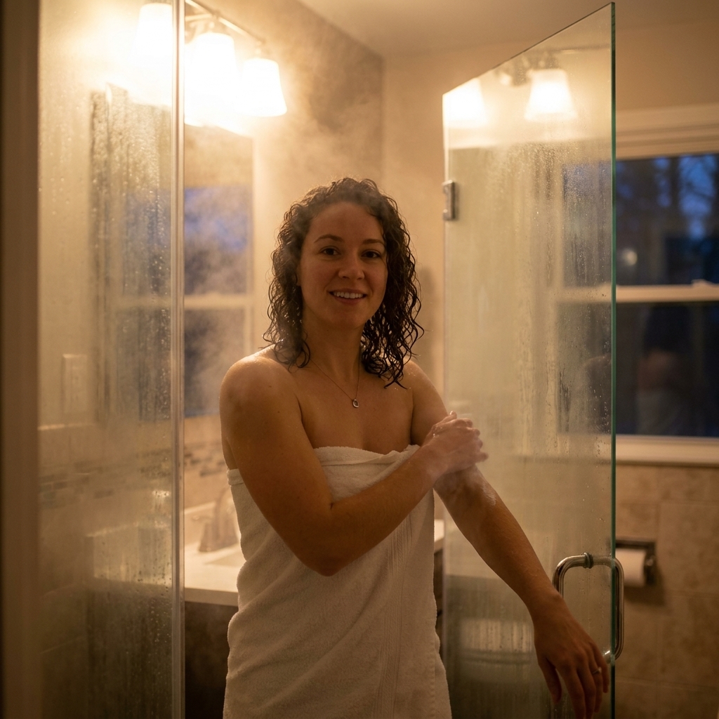 A steamy bathroom at night with warm lighting and a person stepping out of a shower, wrapped in a towel, looking relaxed