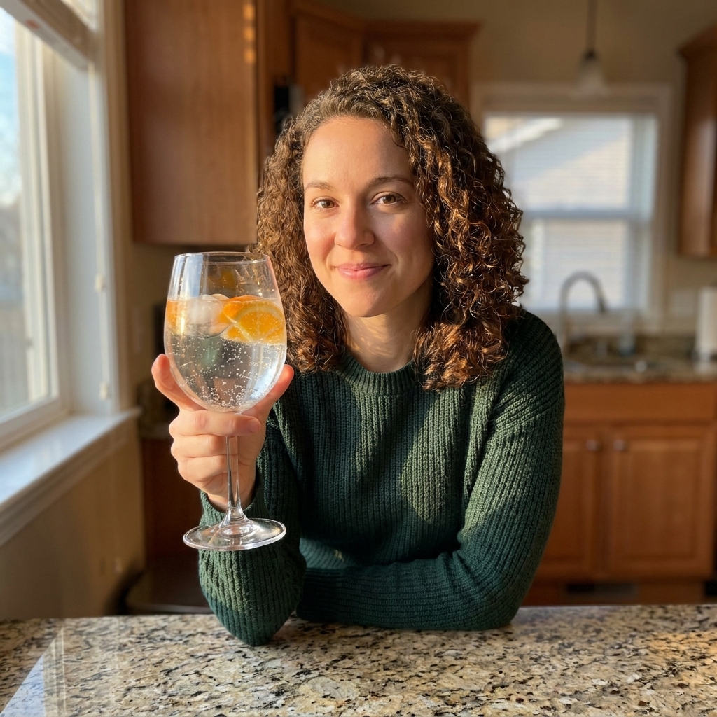 A stemmed wine glass filled with sparkling water, ice, and orange slices on a kitchen counter during evening light