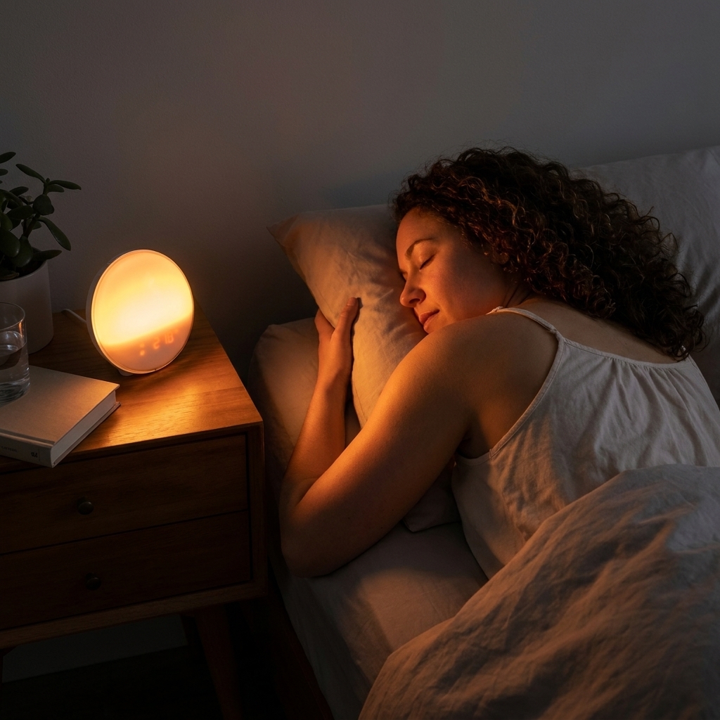 A sunrise-style alarm clock glowing softly on a nightstand shortly before the scheduled wake time